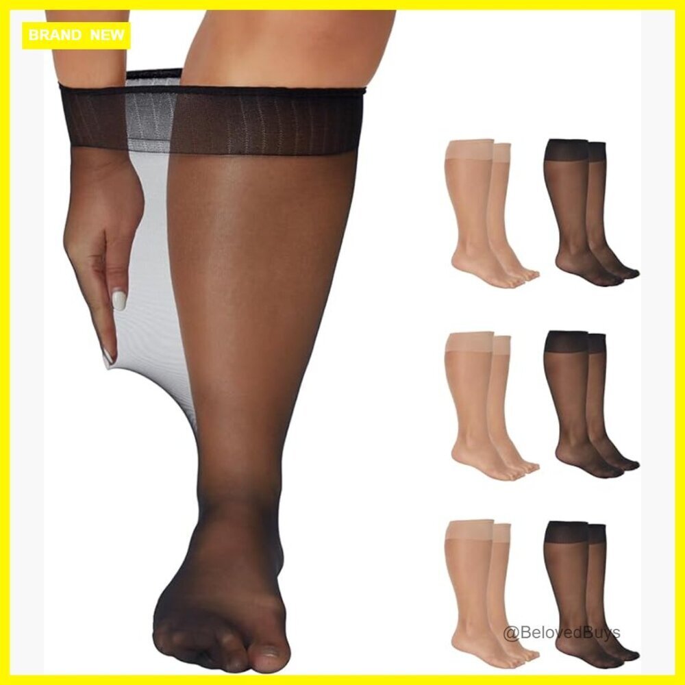 Plus Size Knee High Socks 6 Pairs Nylon Sheer Trouser Socks Women